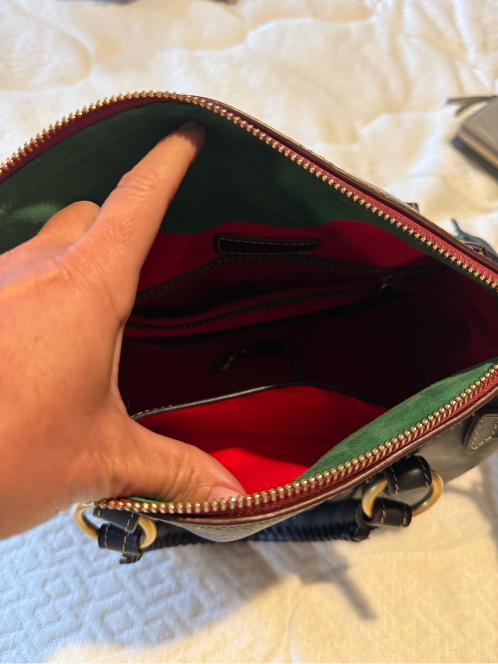 Dooney & Bourke Navy Leather Satchel with Red and Green Zipper Trim - Picture 2 of 7